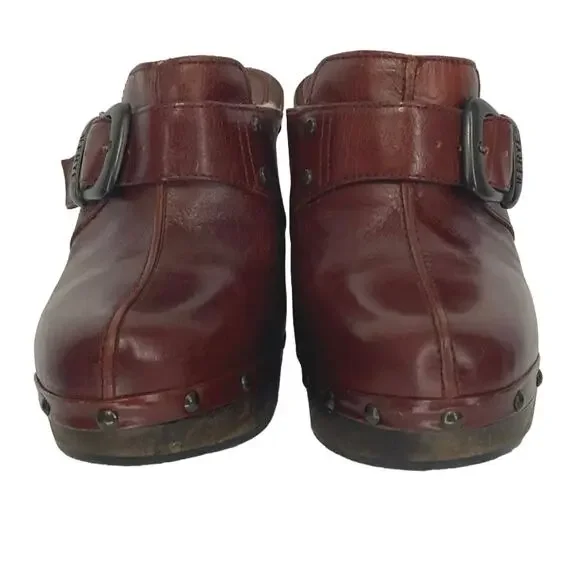 Frye Ella Clogs Stud Burgundy Leather Shearling Wood High Heels Womens 7 - Picture 3 of 8